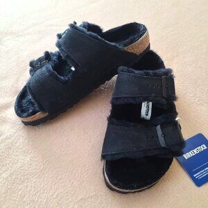 Birkenstock Arizona Shearling Suede Sandals Black Sz US 5 EU 36 NWOB